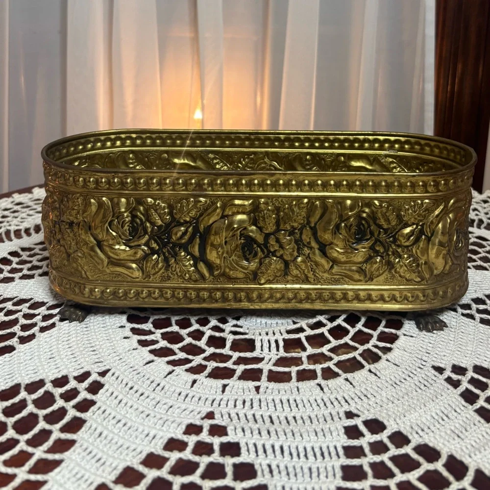 Vintage Brass Footed Planter Ornate Oval Embossed Floral Rose Victorian Luxury
